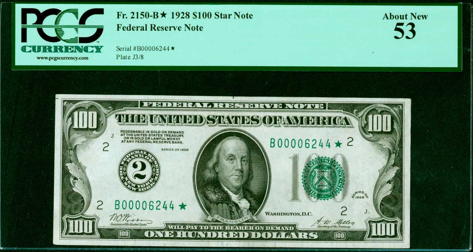 image for: Fr. 2150-B*. 1928 $100 Federal Reserve Star Note. New York. PCGS About New 53.
