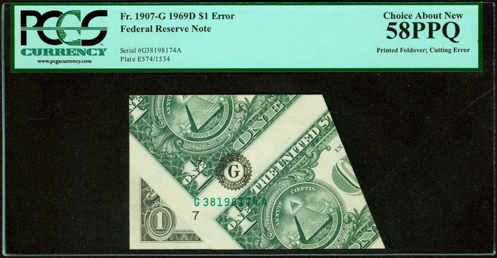 image for: Fr. 1907-G. 1969D $1 Federal Reserve Note. Chicago. PCGS Choice About New 58 PPQ. Printed Fold Over; Cutting Error.