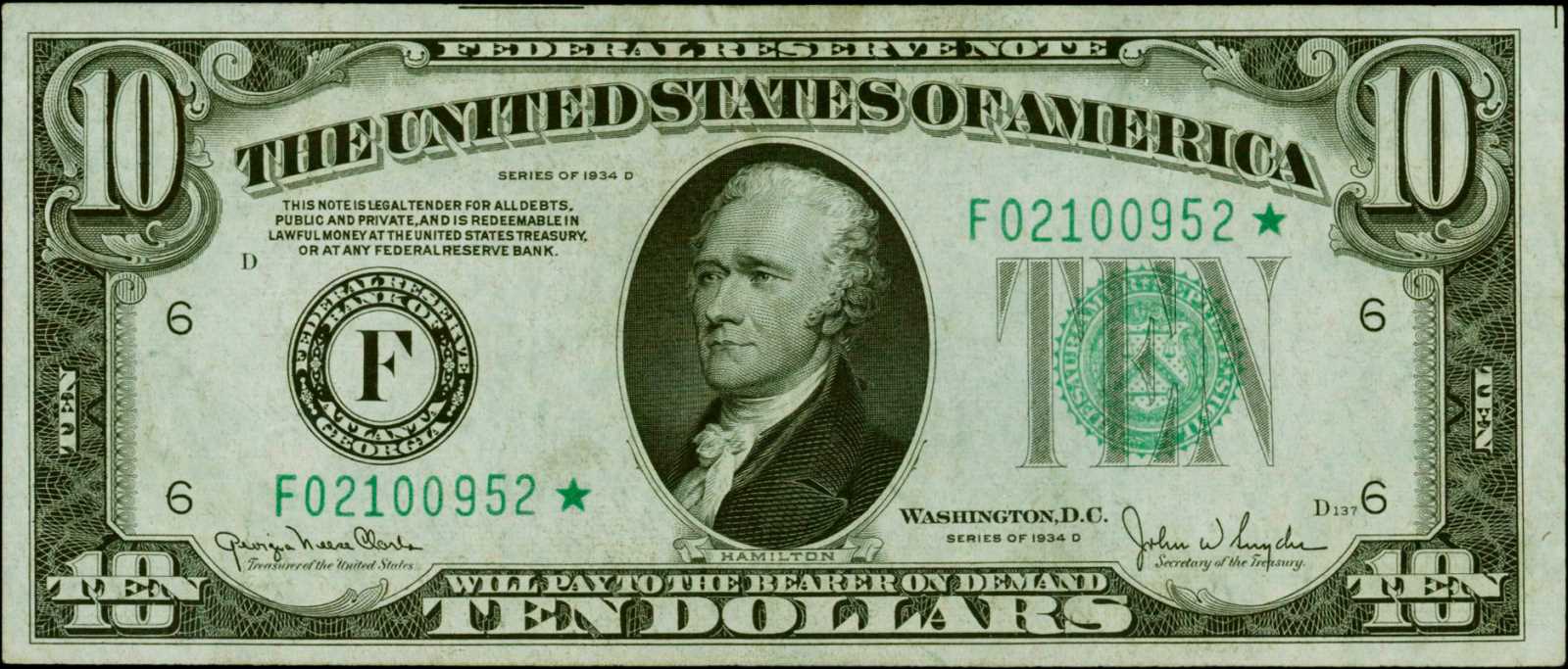 image for: Fr. 2009-F*. 1934D $10 Federal Reserve Star Note. Atlanta. PMG About Uncirculated 53.