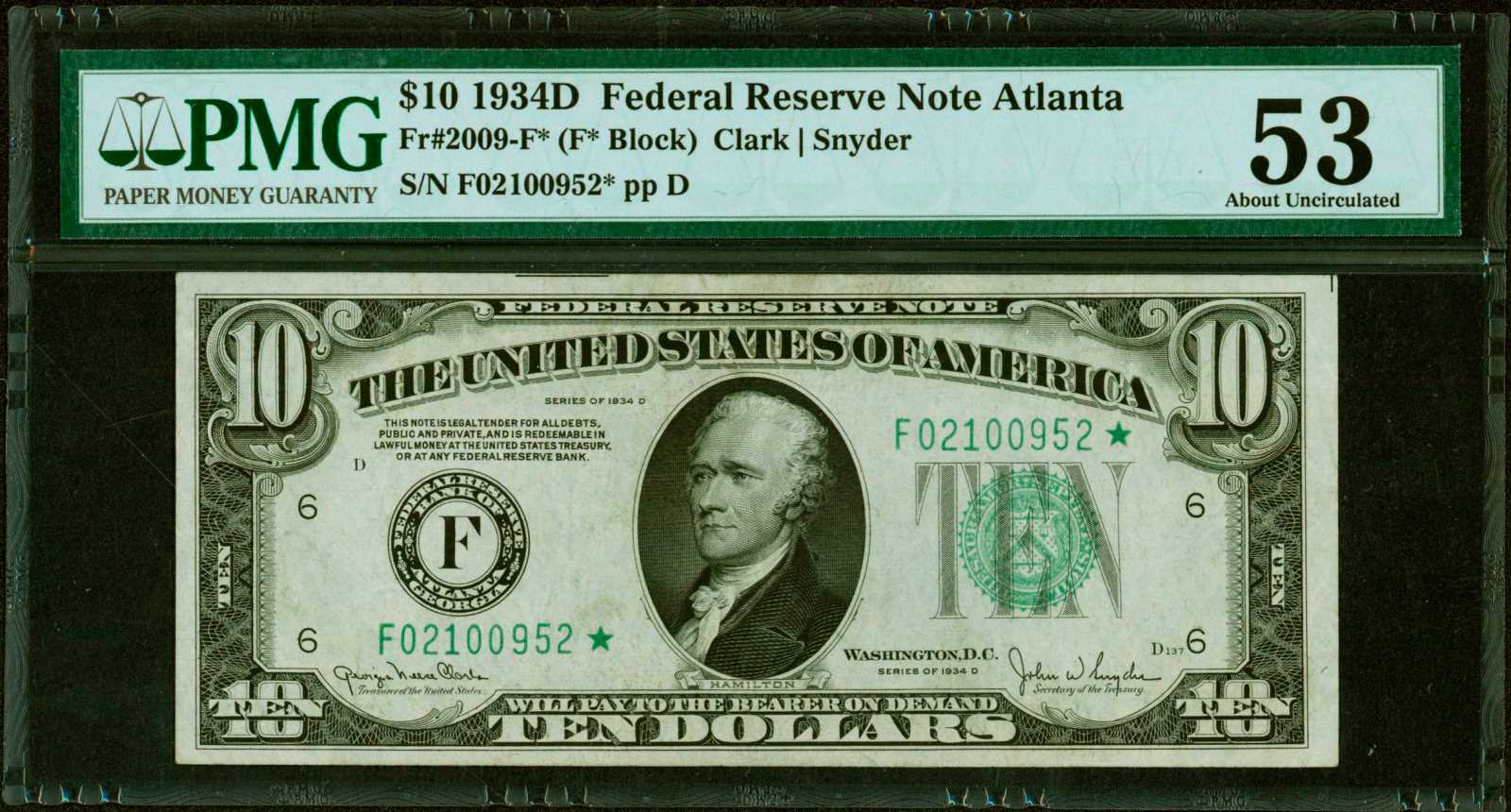 image for: Fr. 2009-F*. 1934D $10 Federal Reserve Star Note. Atlanta. PMG About Uncirculated 53.