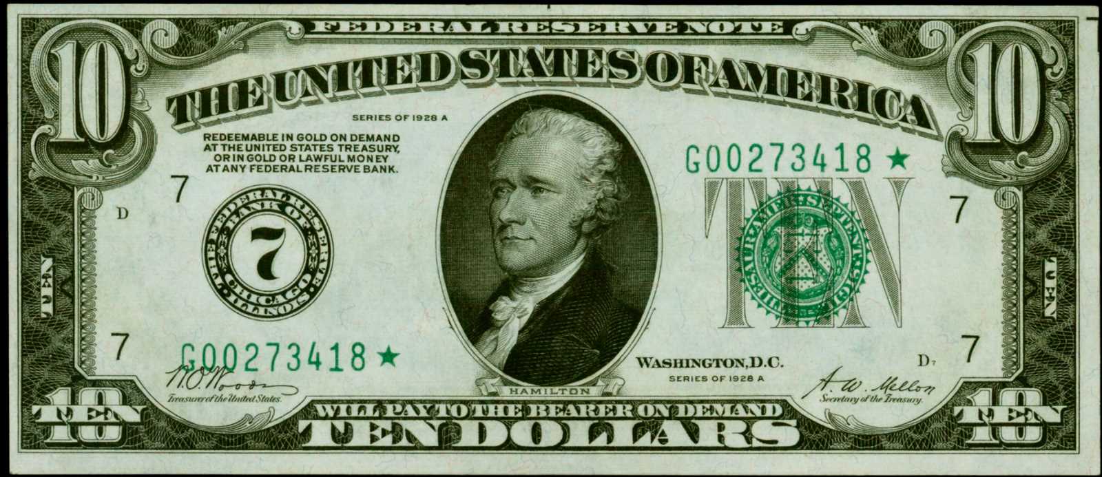 image for: Fr. 2001-G*. 1928A $10 Federal Reserve Star Note. Chicago. PMG Choice Uncirculated 63 EPQ.