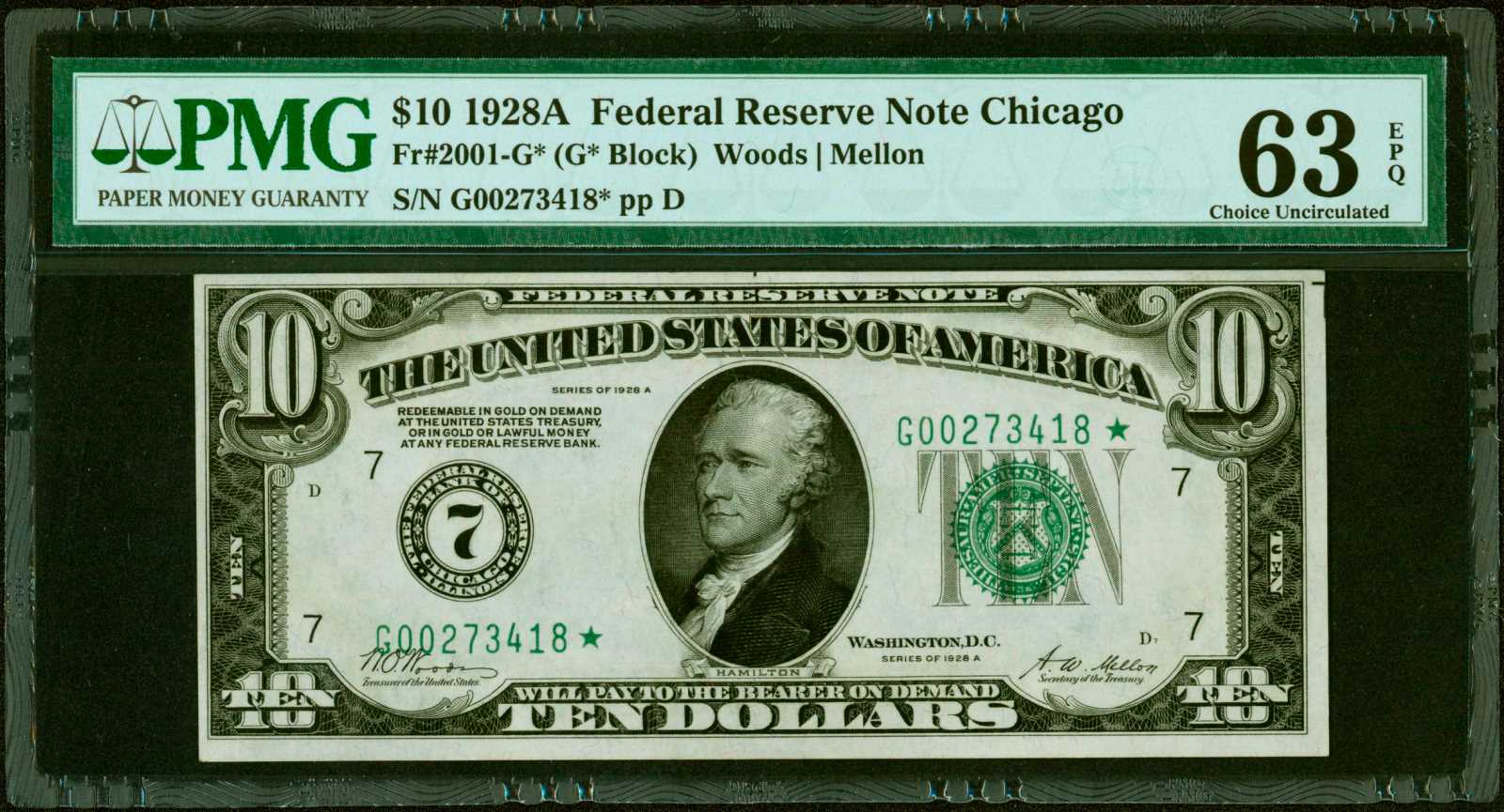 image for: Fr. 2001-G*. 1928A $10 Federal Reserve Star Note. Chicago. PMG Choice Uncirculated 63 EPQ.