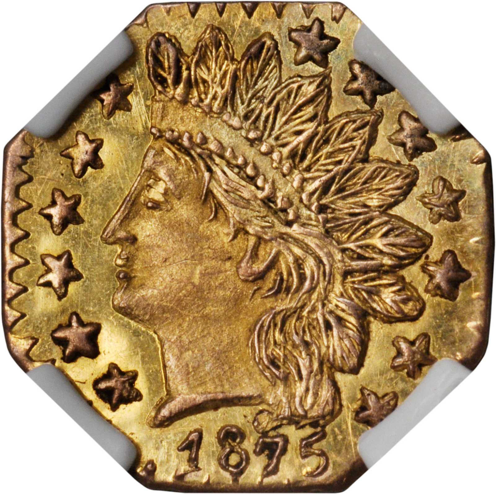 image for: 1875 Octagonal 25 Cents. BG-798. Rarity-5-. Indian Head. MS-62 PL (NGC).
