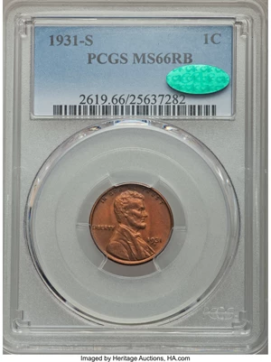 image for: 1931-S 1C MS66 Red and Brown PCGS. CAC. PCGS Population (3/0). NGC Census: (11/0). Mintage: 866,000. Numismedia Wsl. Price ...