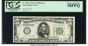 image for: Fr. 1959-I $5 1934C Federal Reserve Note. PCGS Choice About New 58PPQ....