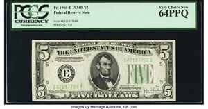 image for: Fr. 1960-E $5 1934D Federal Reserve Note. PCGS Very Choice New 64PPQ....