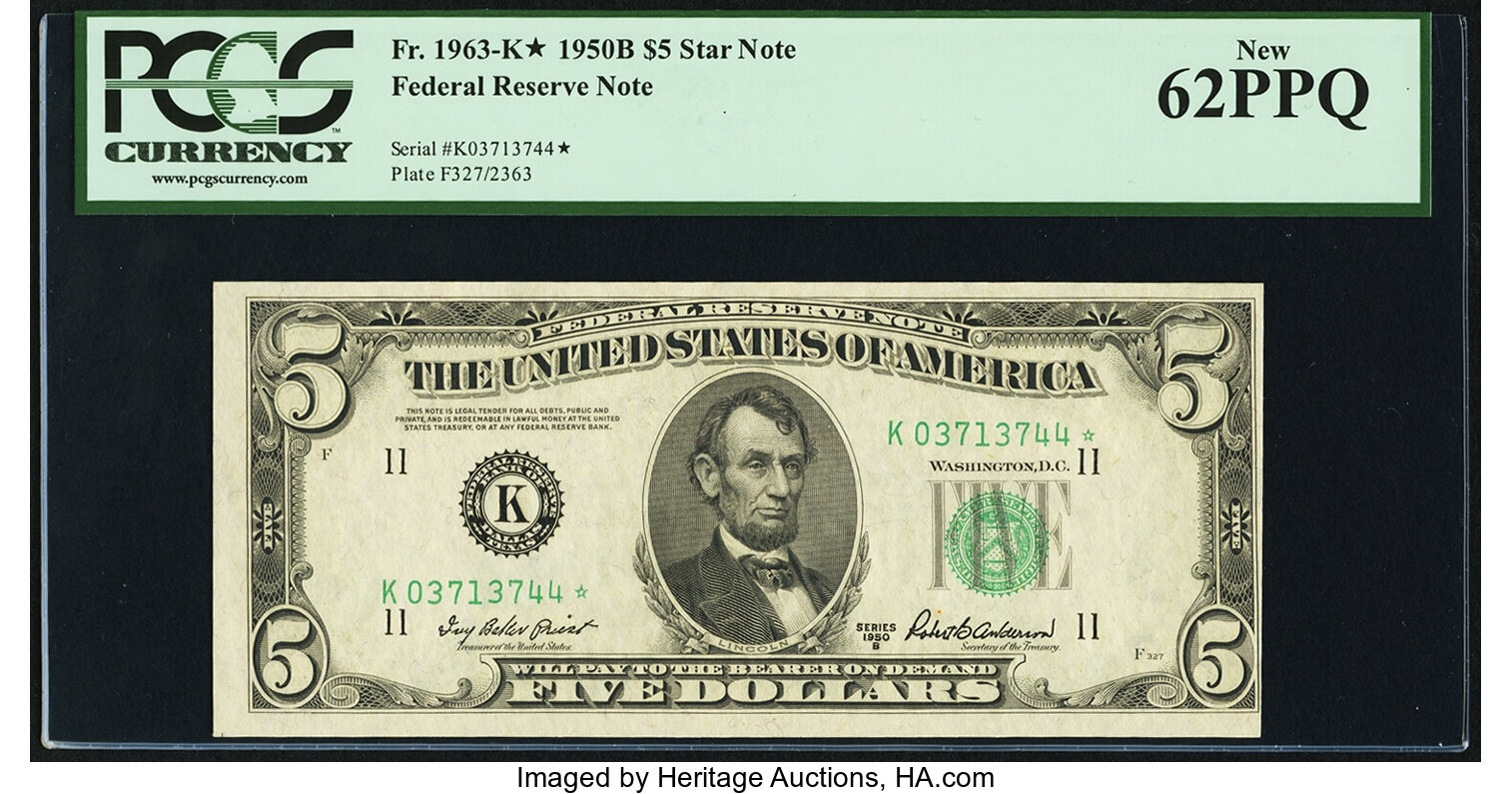 image for: Fr. 1963-K* $5 1950B Federal Reserve Note. PCGS New 62PPQ....