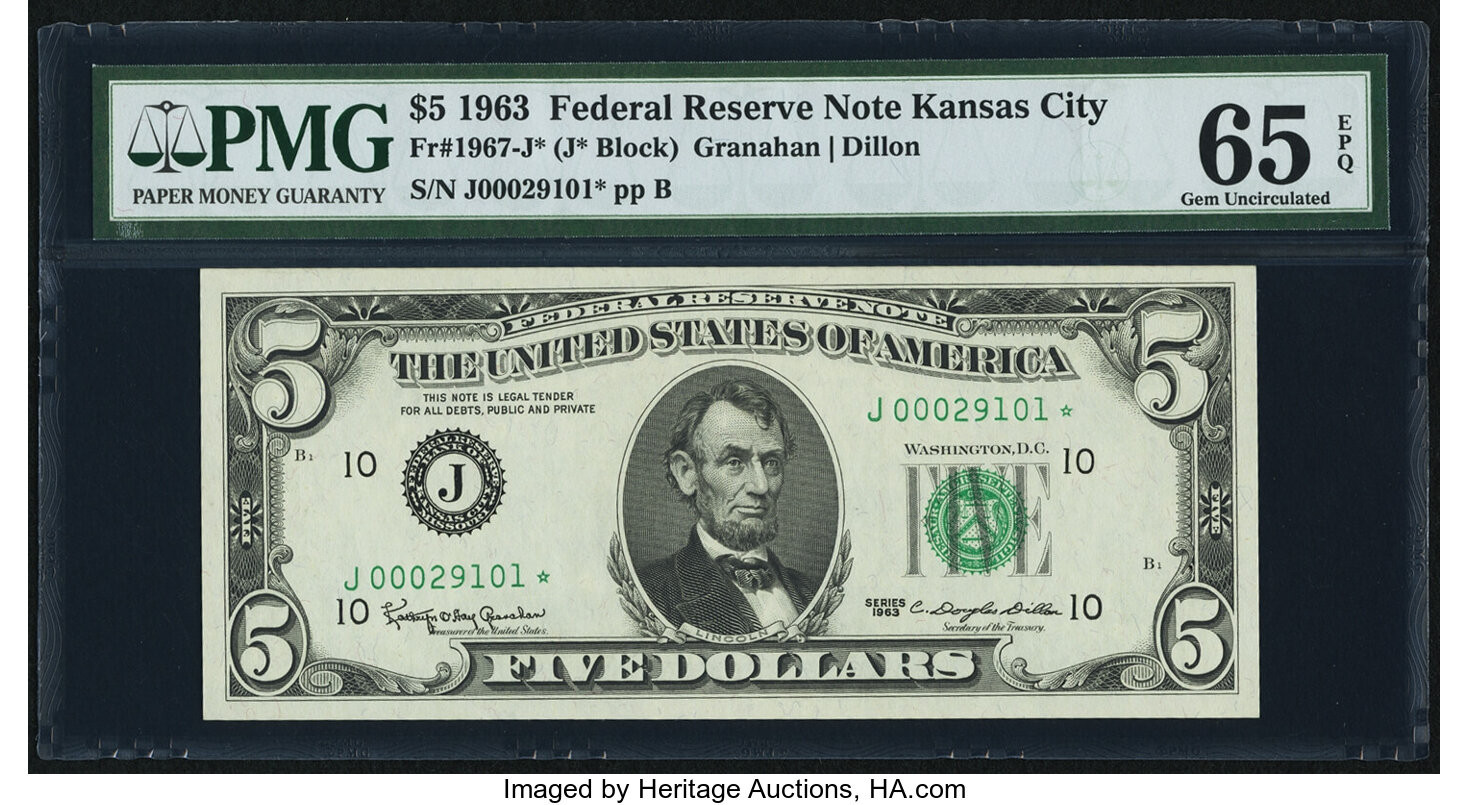 image for: Fr. 1967-J* $5 1963 Federal Reserve Star Note. PMG Gem Uncirculated 65 EPQ....