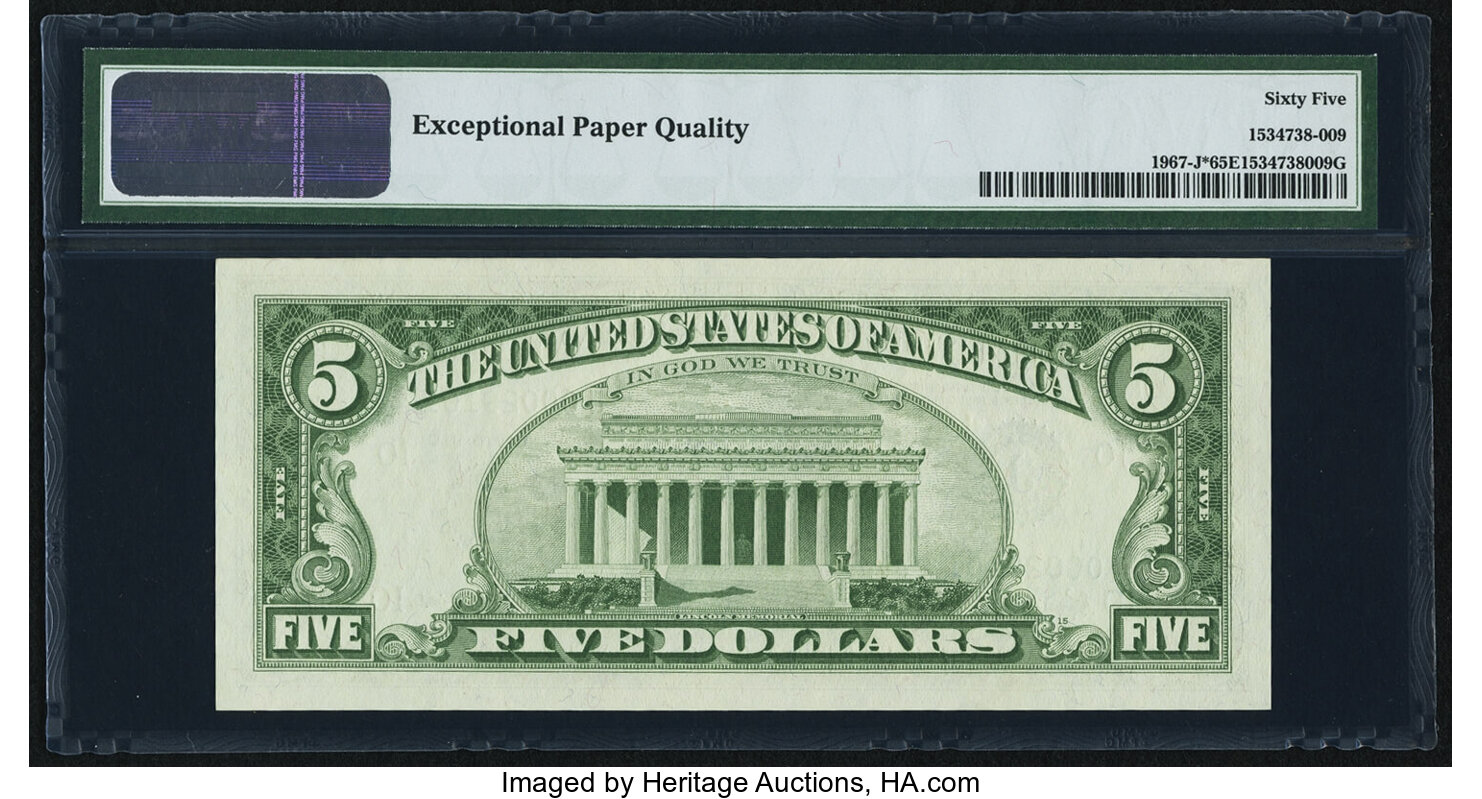 image for: Fr. 1967-J* $5 1963 Federal Reserve Star Note. PMG Gem Uncirculated 65 EPQ....