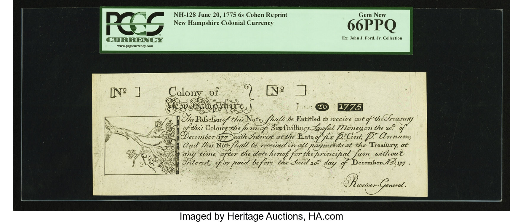 image for: New Hampshire June 20, 1775 6s Cohen Reprint PCGS Gem New 66PPQ....
