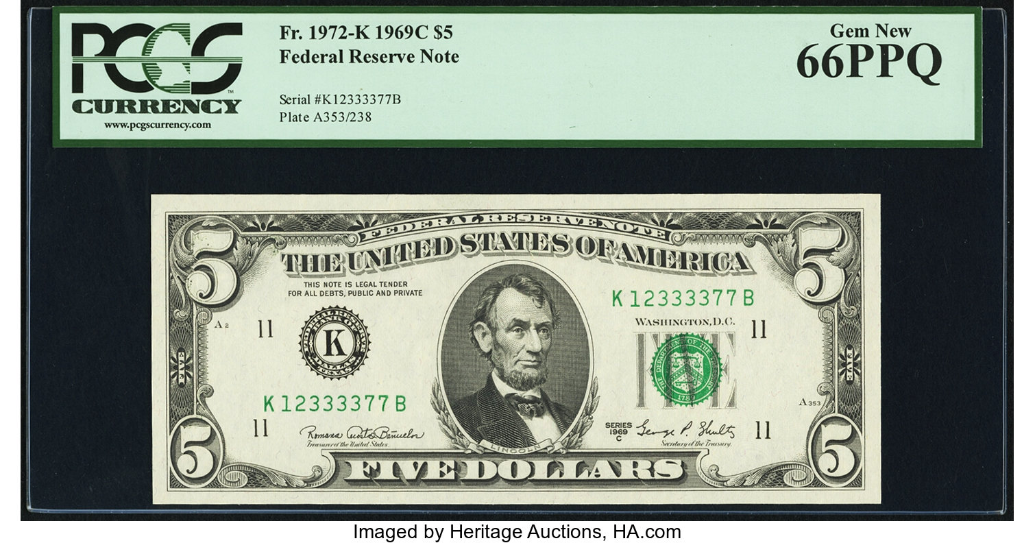 image for: Fr. 1972-K $5 1969C Federal Reserve Note. PCGS Gem New 66PPQ....