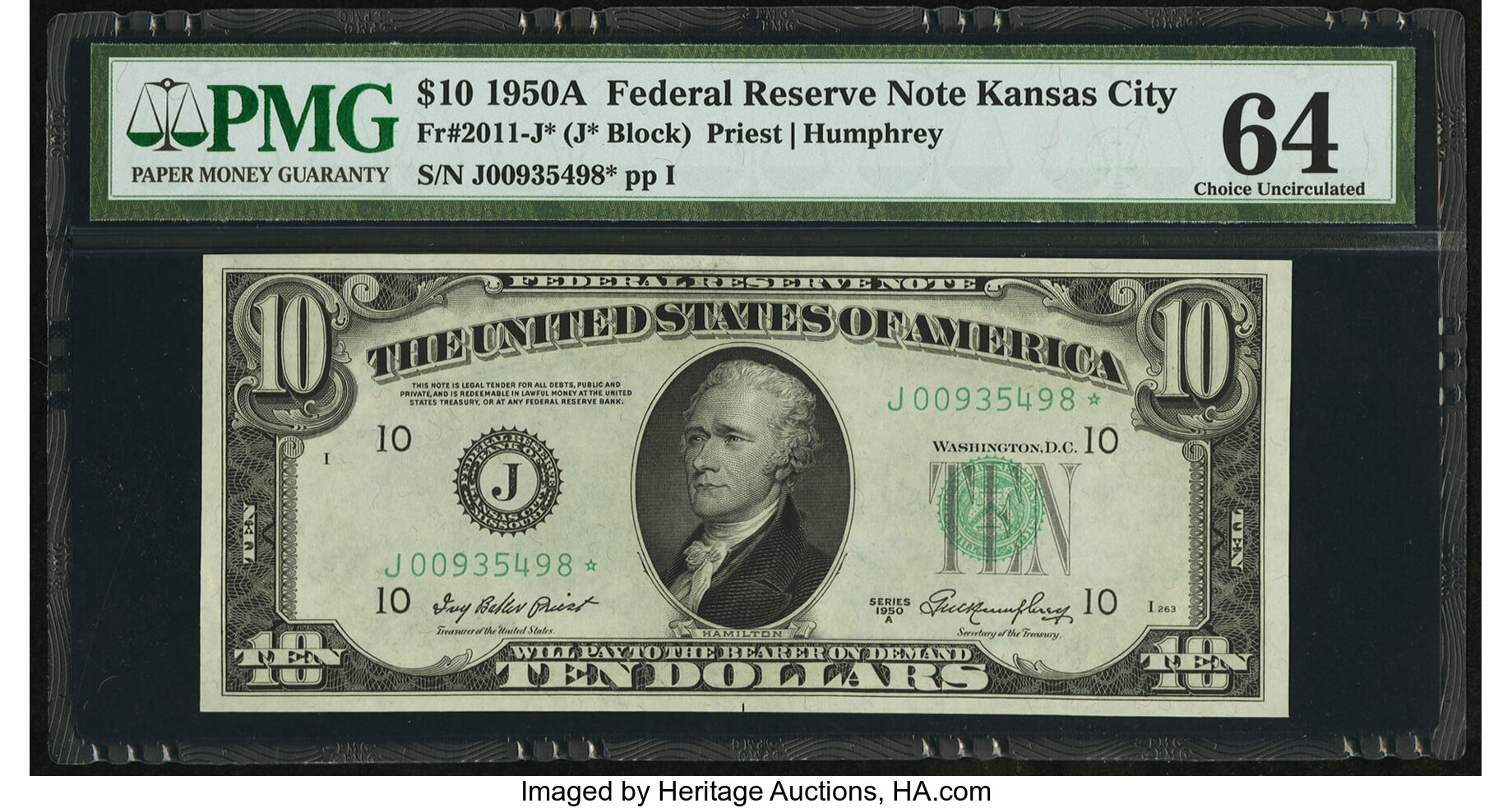 image for: Fr. 2011-J* $10 1950A Federal Reserve Note. PMG Choice Uncirculated 64....