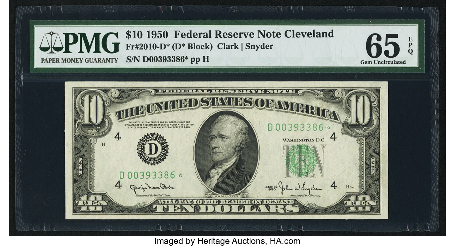 image for: Fr. 2010-D* $10 1950 Wide Federal Reserve Star Note. PMG Gem Uncirculated 65 EPQ....