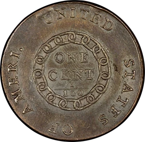 image for: 1793 Flowing Hair Cent. Sheldon-1. Rarity-4. Chain, AMERI. Mint State-61 BN (PCGS).