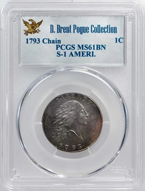 image for: 1793 Flowing Hair Cent. Sheldon-1. Rarity-4. Chain, AMERI. Mint State-61 BN (PCGS).