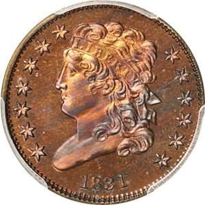 image for: 1831 Classic Head Half Cent. First Restrike. B-2. Rarity-5. Large Berries (Reverse of 1836). Proof-66 RB (PCGS). CAC.