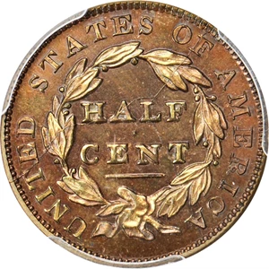 image for: 1831 Classic Head Half Cent. First Restrike. B-2. Rarity-5. Large Berries (Reverse of 1836). Proof-66 RB (PCGS). CAC.