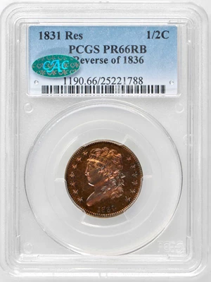 image for: 1831 Classic Head Half Cent. First Restrike. B-2. Rarity-5. Large Berries (Reverse of 1836). Proof-66 RB (PCGS). CAC.