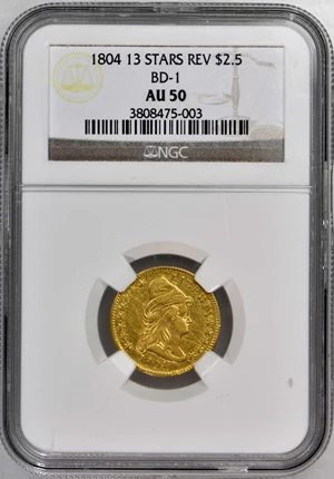 image for: 1804 Capped Bust Right Quarter Eagle. BD-1. Rarity-6+. Die State a/d. 13-Star Reverse. AU-50 (NGC).