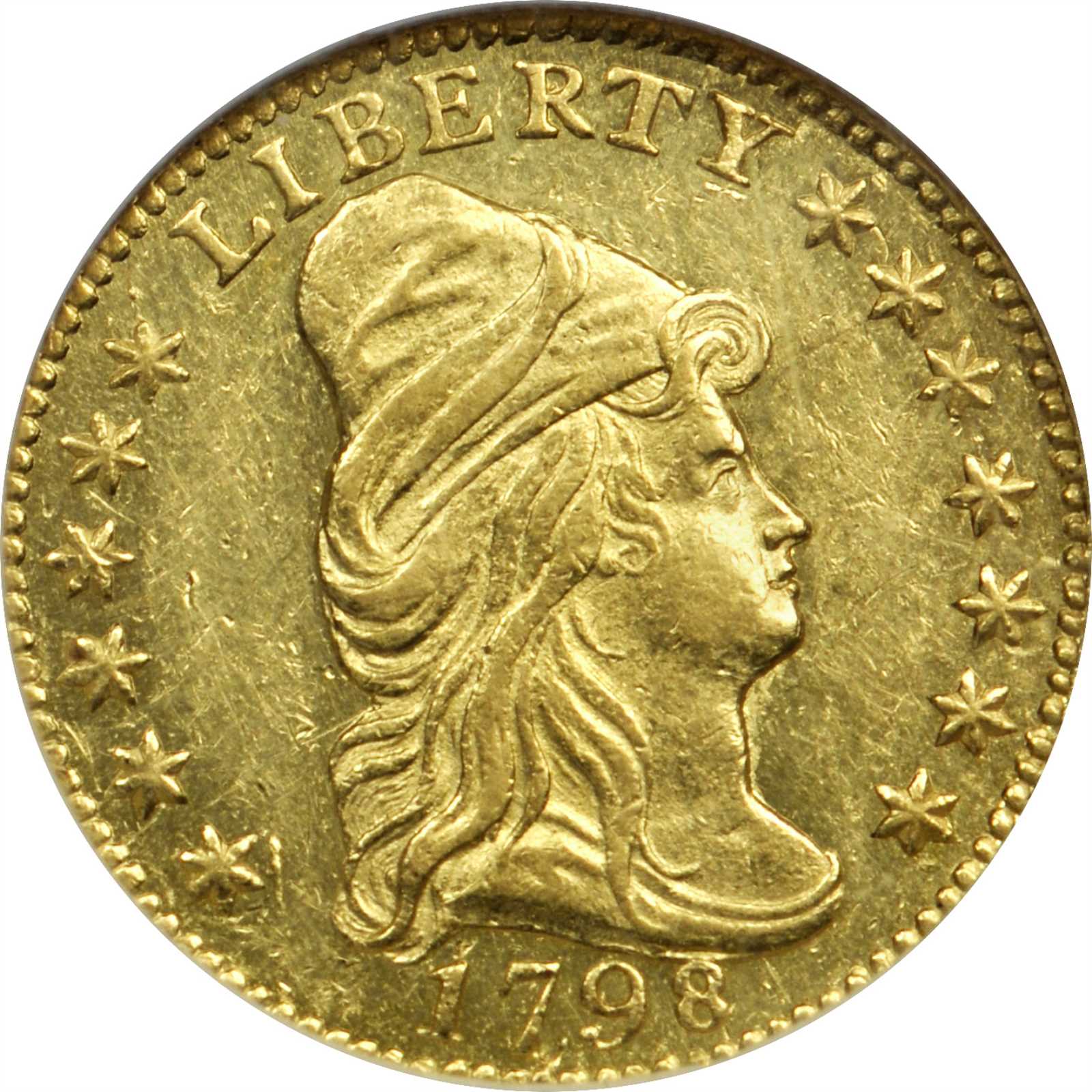 image for: 1798 Capped Bust Right Quarter Eagle. BD-2. Rarity-5. Die State a. Wide Date, 5 Berries. MS-62 (NGC).