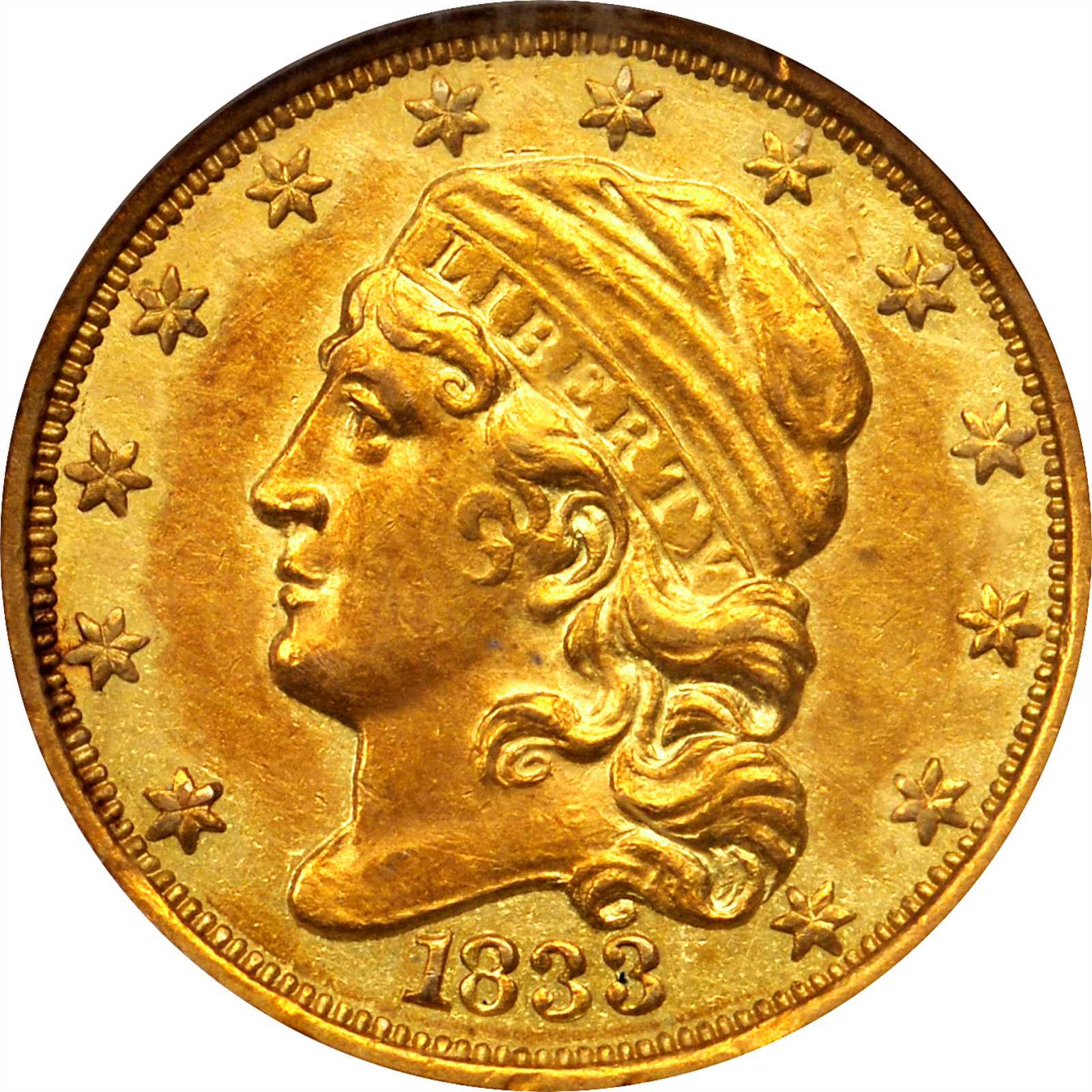 image for: 1833 Capped Head Left Quarter Eagle. BD-1, the only known dies. Rarity-5. Die State a/c. AU-58 (NGC).