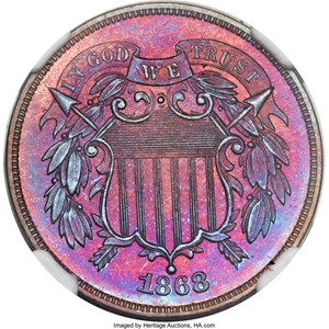 image for: 1868 2C PR67 Red and Brown NGC....