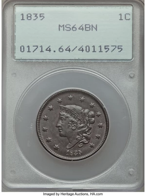 image for: 1835 1C Head of 1836, N-17, R.1, MS64 Brown PCGS....