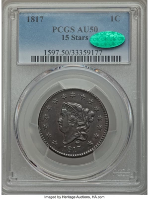 image for: 1817 1C 15 Stars, N-16, R.1, AU50 PCGS. CAC....