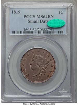 image for: 1819 1C Small Date, N-8, R.1, MS64 Brown PCGS. CAC....