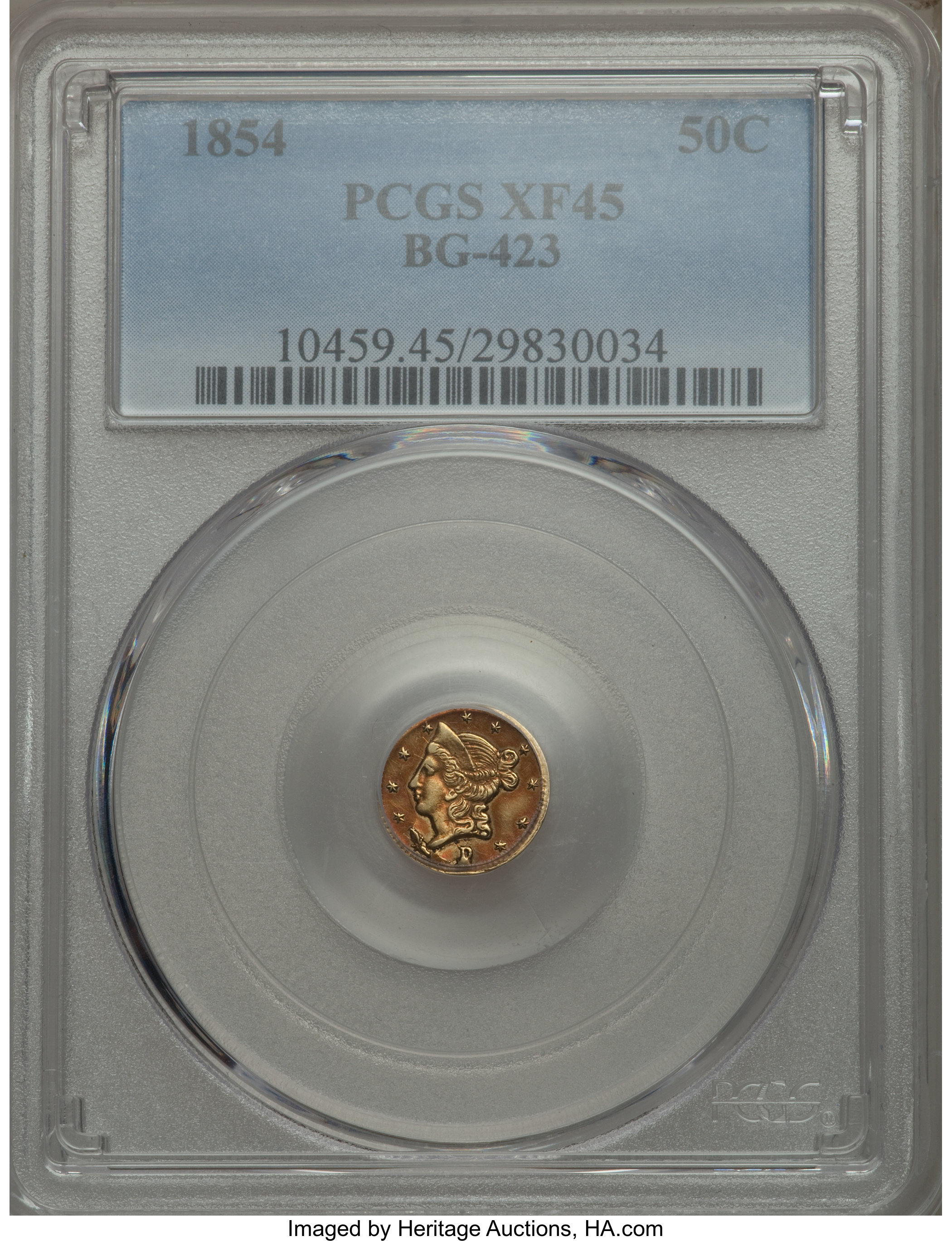 image for: 1854 50C Liberty Round 50 Cents, BG-423, High R.6, XF45 PCGS. PCGS Population (1/12). NGC Census: (0/1).  ...
