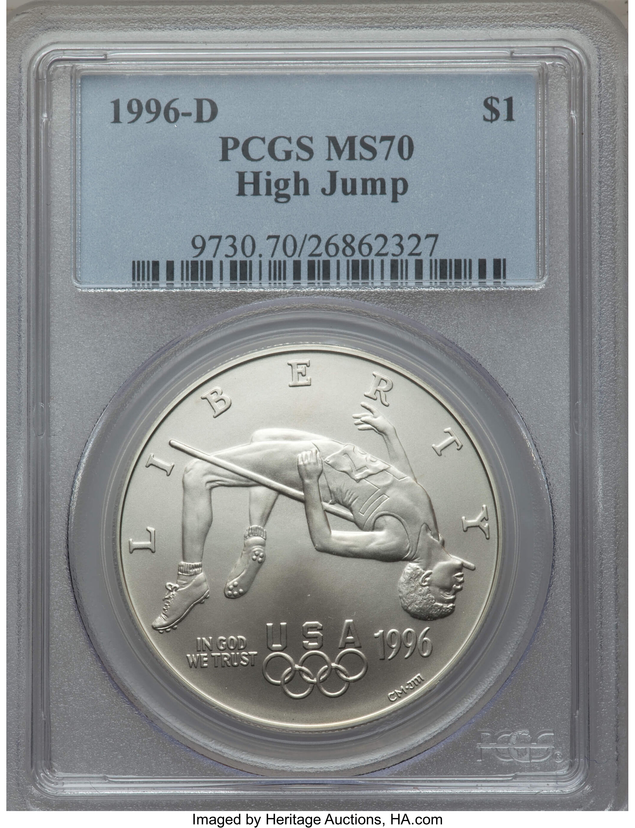 1996-D $1 Olympic/High Jump Silver Dollar MS70 PCGS. PCGS Population (116). NGC Census: (102). Numismedia Wsl. Price for p...