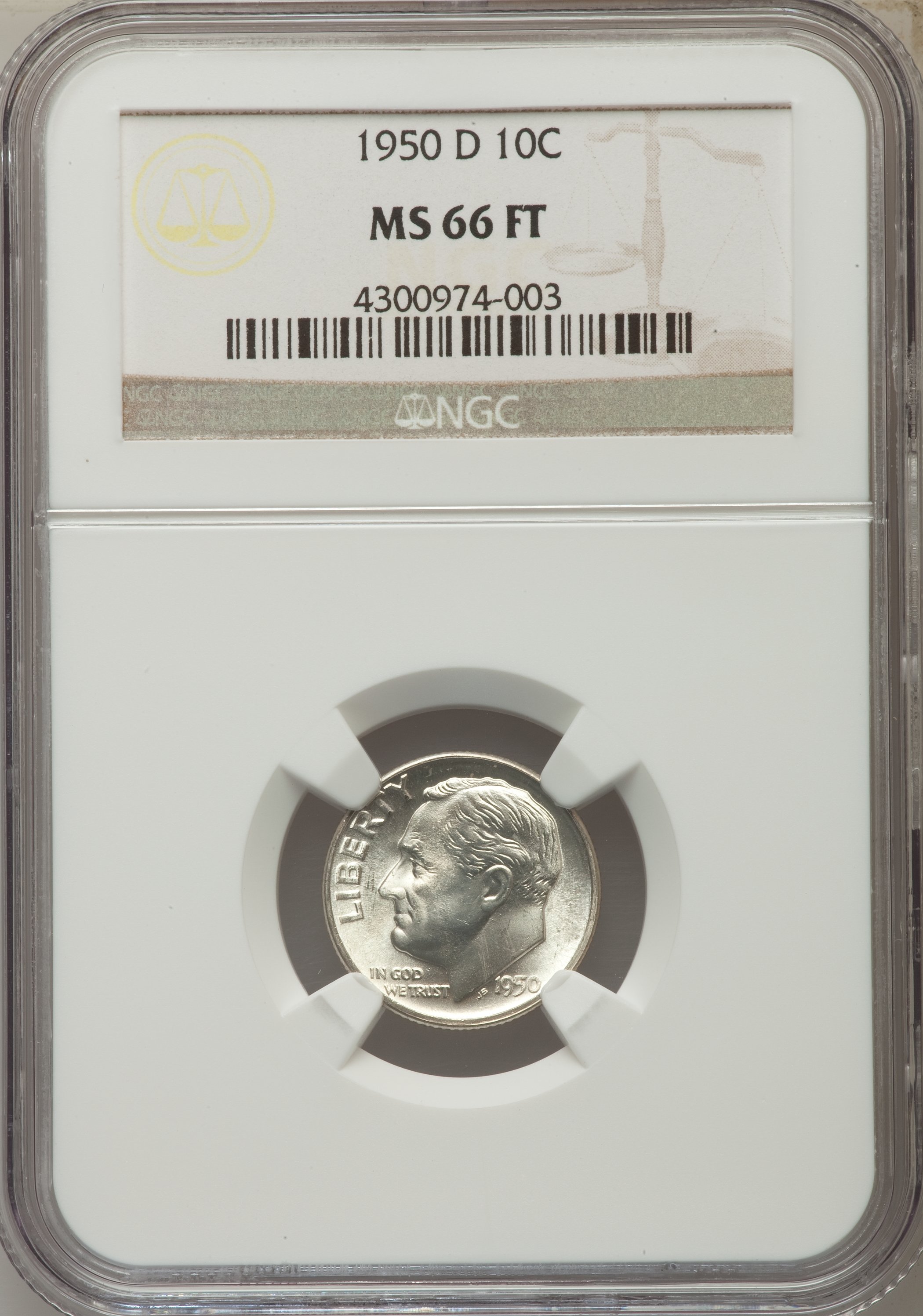 1950-D 10C MS66 Full Bands NGC. NGC Census: (294/237). PCGS Population (686/153). Mintage: 46,803,000. Numismedia Wsl. Pric...