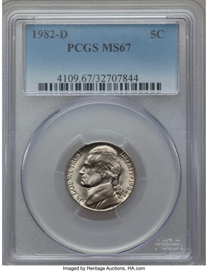 image for: 1982-D 5C MS67 PCGS. PCGS Population (3/0). NGC Census: (2/0). Mintage: 373,726,528. ...
