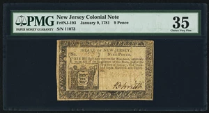 image for: New Jersey January 9, 1781 9d PMG Choice Very Fine 35....