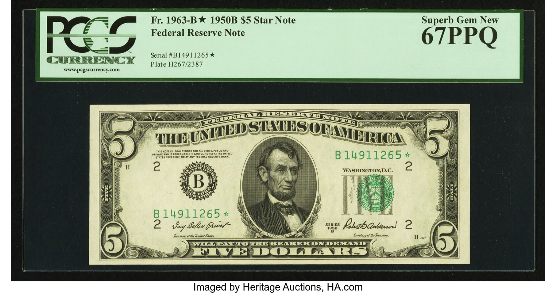 image for: Fr. 1963-B* $5 1950B Federal Reserve Note. PCGS Superb Gem New 67PPQ....