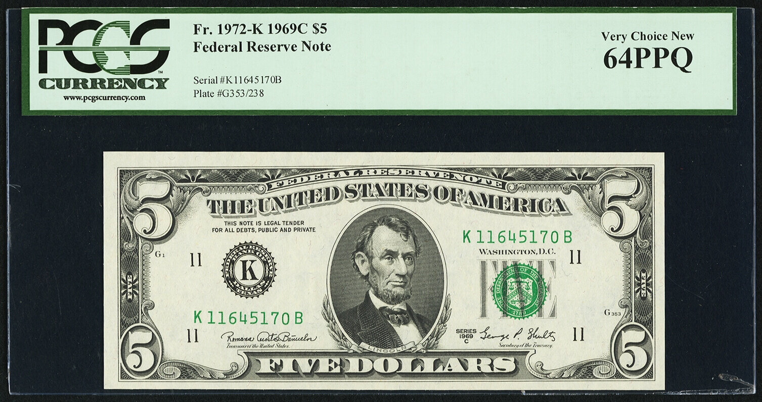 image for: Fr. 1972-K $5 1969C Federal Reserve Note. PCGS Very Choice New 64PPQ....