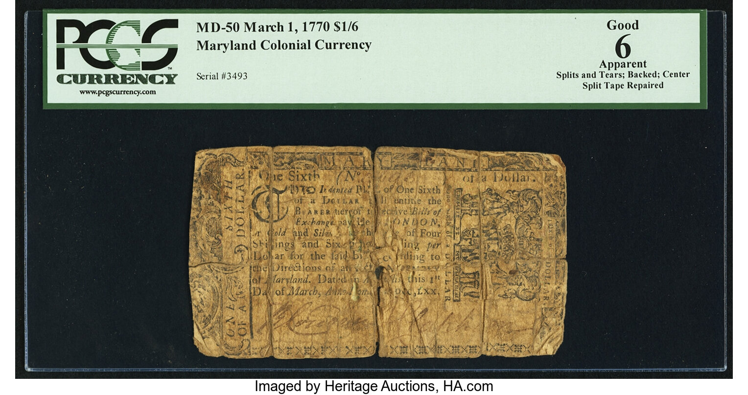 image for: Maryland March 1, 1770 $1/6 PCGS Apparent Good 06....