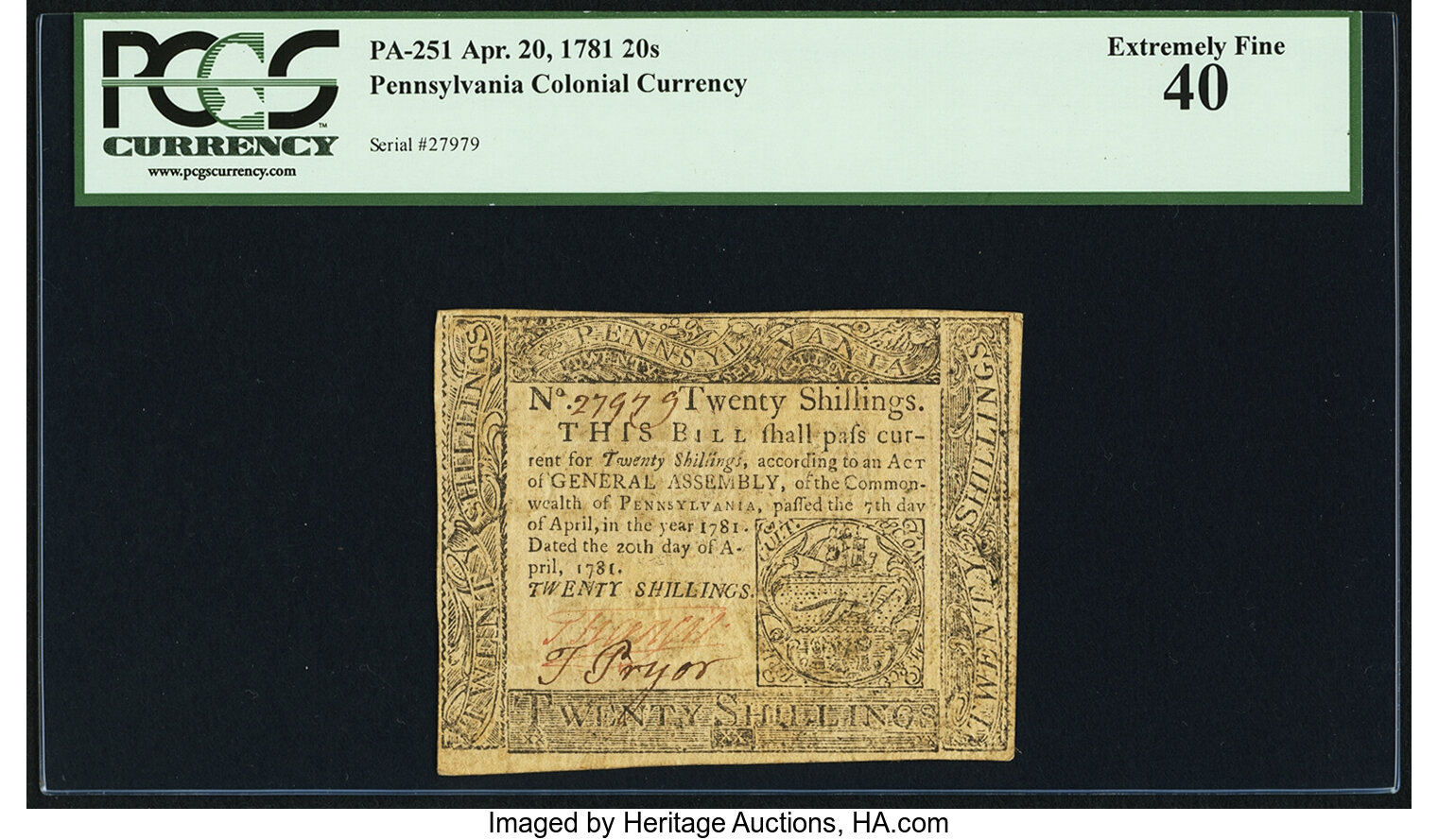 image for: Pennsylvania April 20, 1781 20s PCGS Extremely Fine 40....