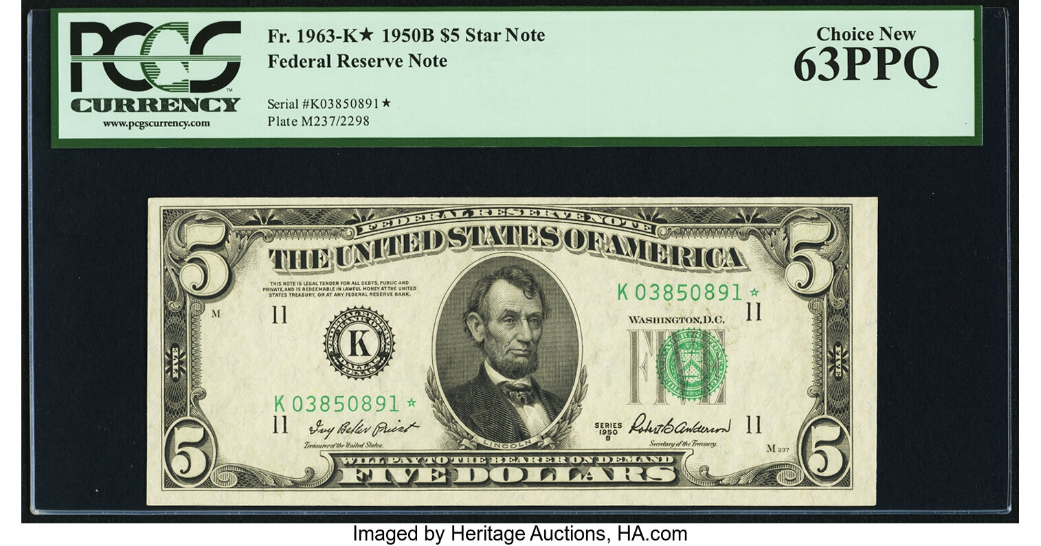 image for: Fr. 1963-K* $5 1950B Federal Reserve Note. PCGS Choice New 63PPQ....
