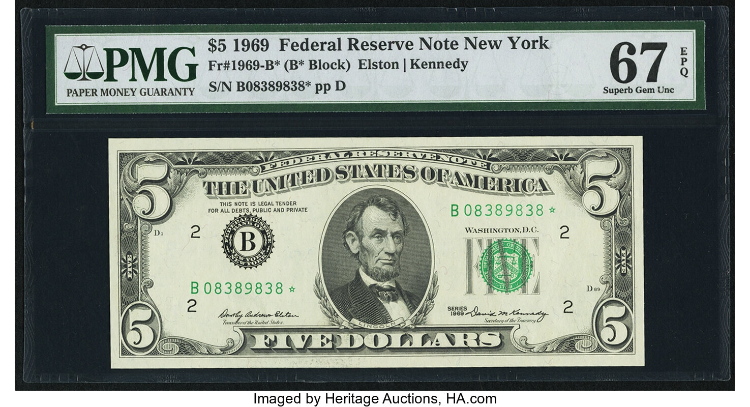 image for: Fr. 1969-B* $5 1969 Federal Reserve Star Note. PMG Superb Gem Unc 67 EPQ....