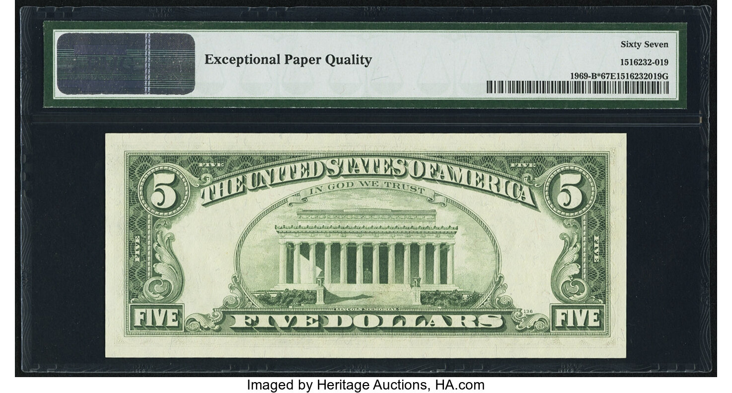 image for: Fr. 1969-B* $5 1969 Federal Reserve Star Note. PMG Superb Gem Unc 67 EPQ....