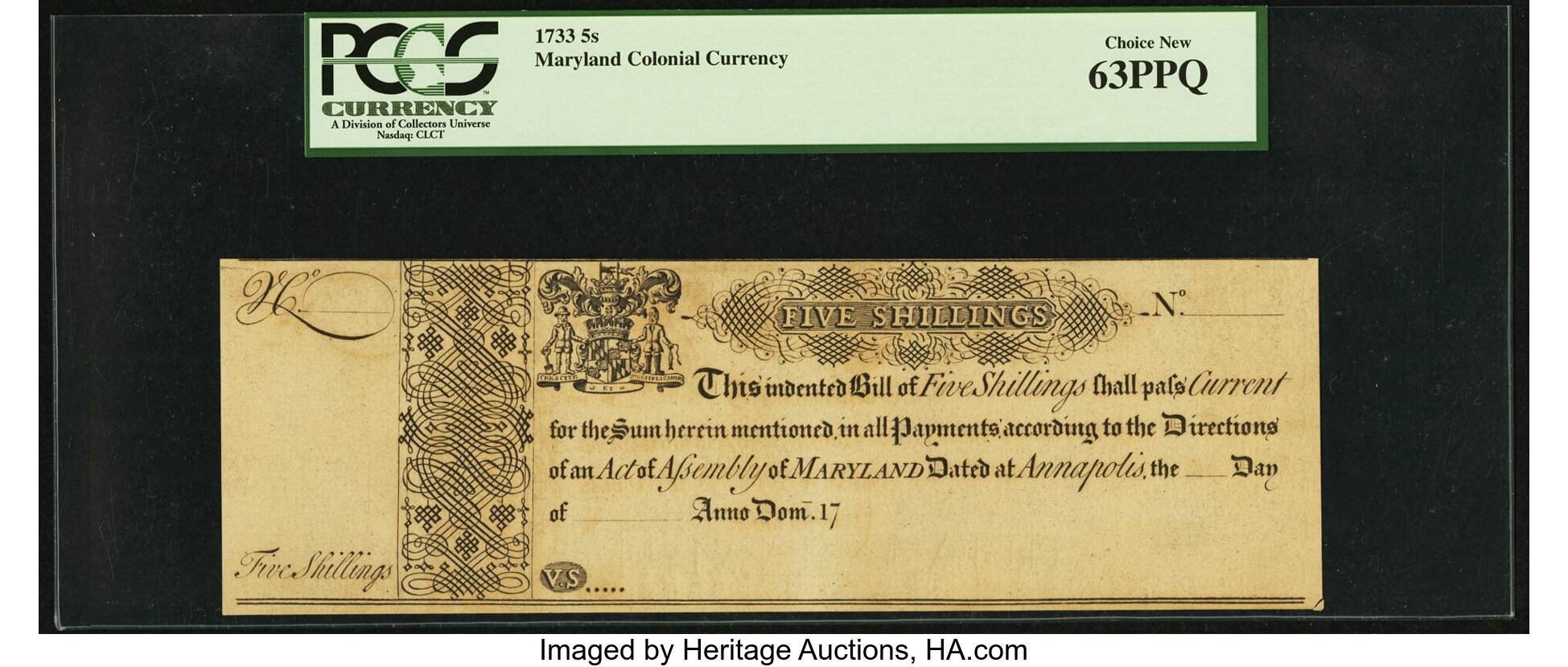 image for: Maryland 1733 5s PCGS Choice New 63PPQ....