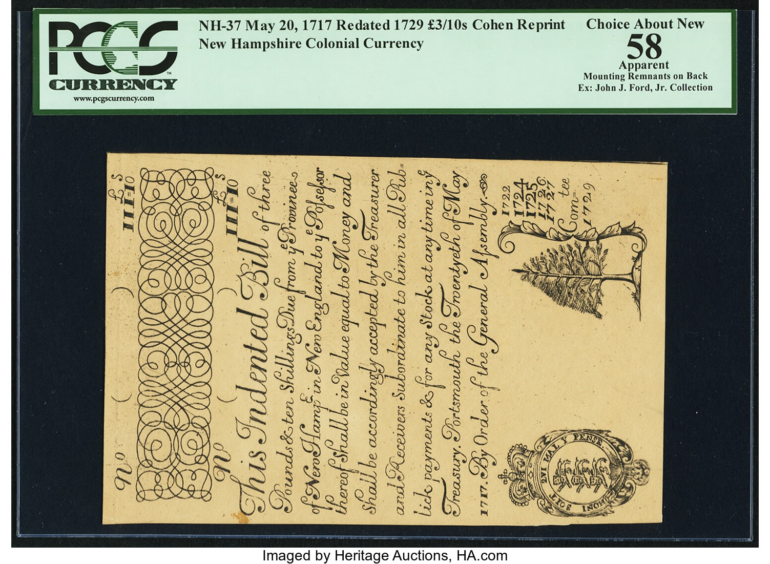 image for: New Hampshire May 20, 1717 Redated 1729 £3 10s Cohen Reprint PCGS Apparent Choice About New 58....