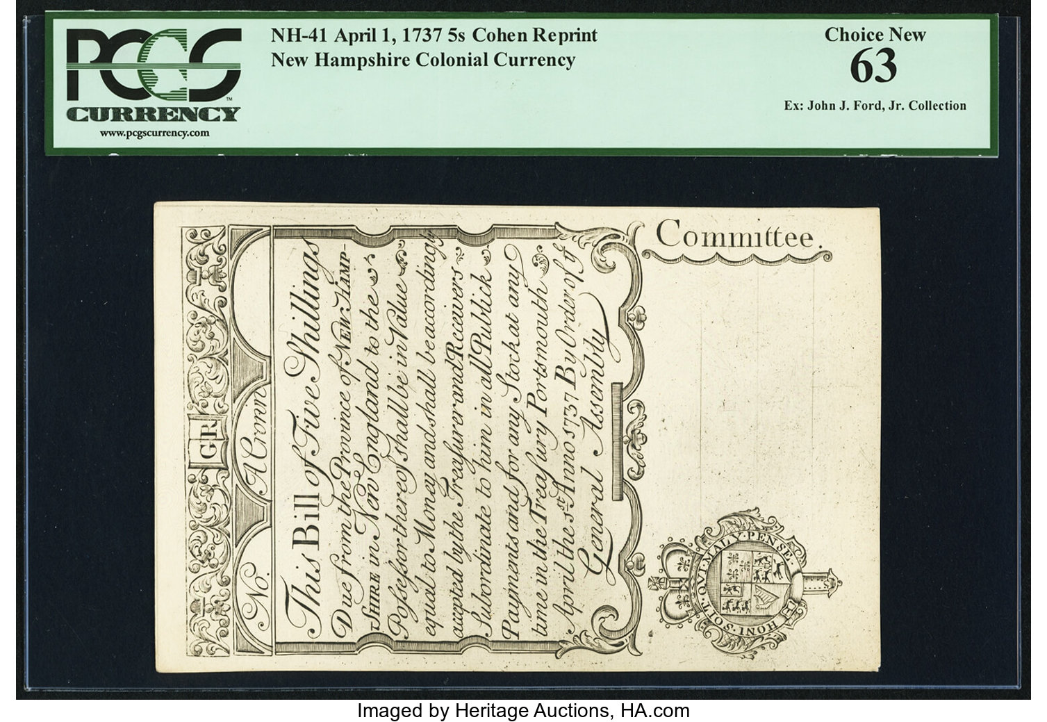 image for: New Hampshire April 1, 1737 5s Cohen Reprint PCGS Choice New 63....
