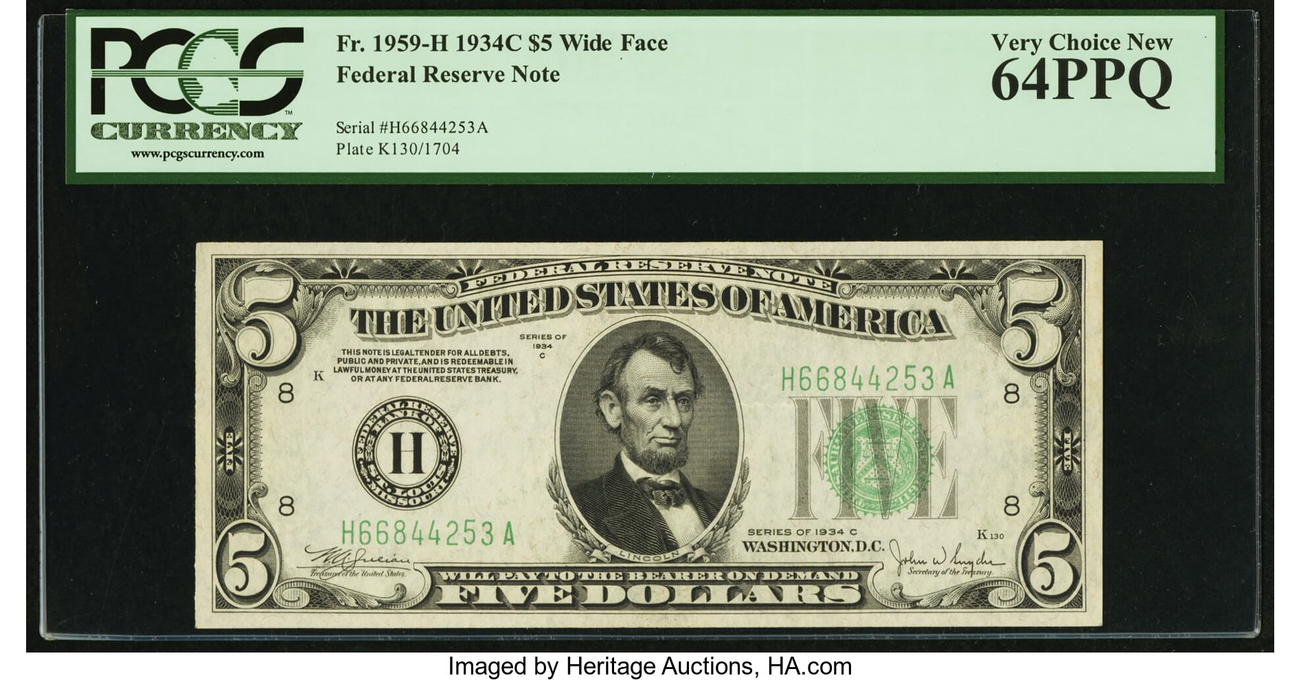 image for: Fr. 1959-H $5 1934C Federal Reserve Note. PCGS Very Choice New 64PPQ....