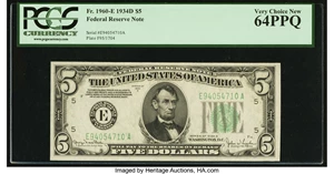 image for: Fr. 1960-E $5 1934D Federal Reserve Note. PCGS Very Choice New 64PPQ....