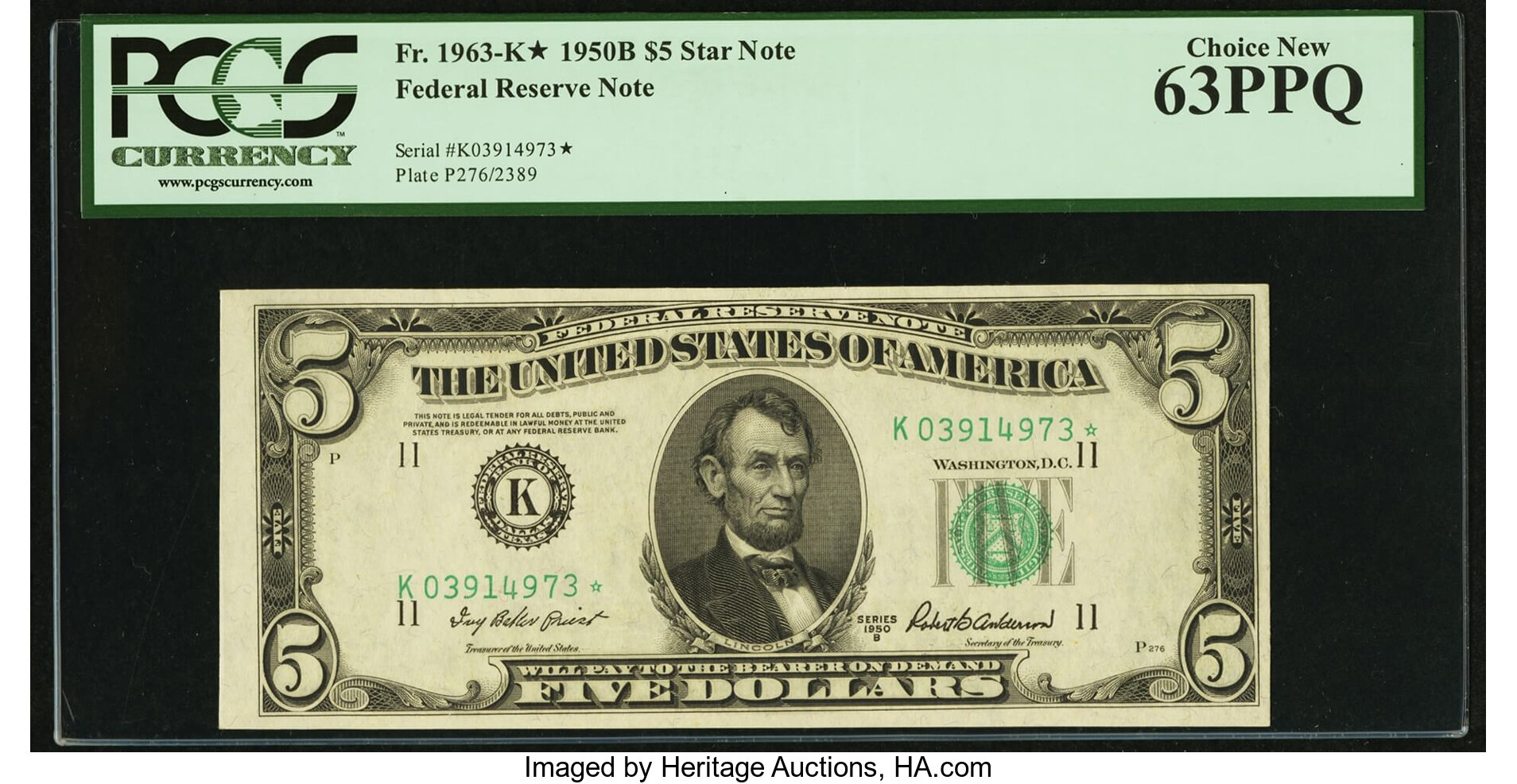 image for: Fr. 1963-K* $5 1950B Federal Reserve Note. PCGS Choice New 63PPQ....