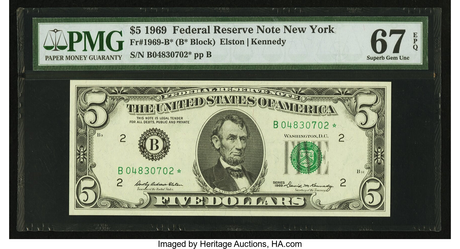 image for: Fr. 1969-B* $5 1969 Federal Reserve Star Note. PMG Superb Gem Unc 67 EPQ....