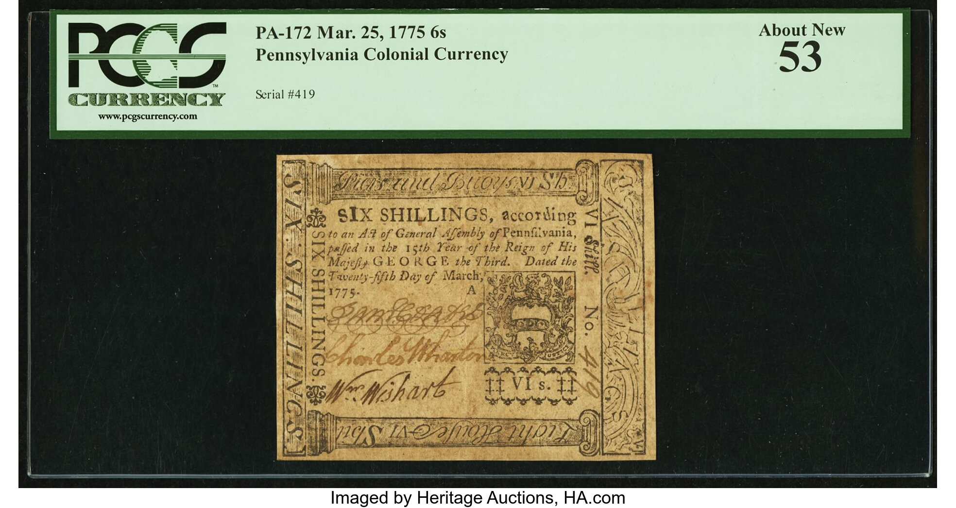 image for: Pennsylvania March 25, 1775 6s PCGS About New 53....
