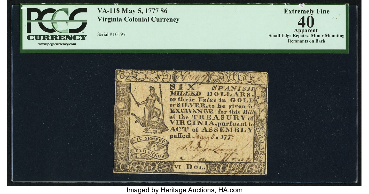 image for: Virginia May 5, 1777 $6 PCGS Apparent Extremely Fine 40....